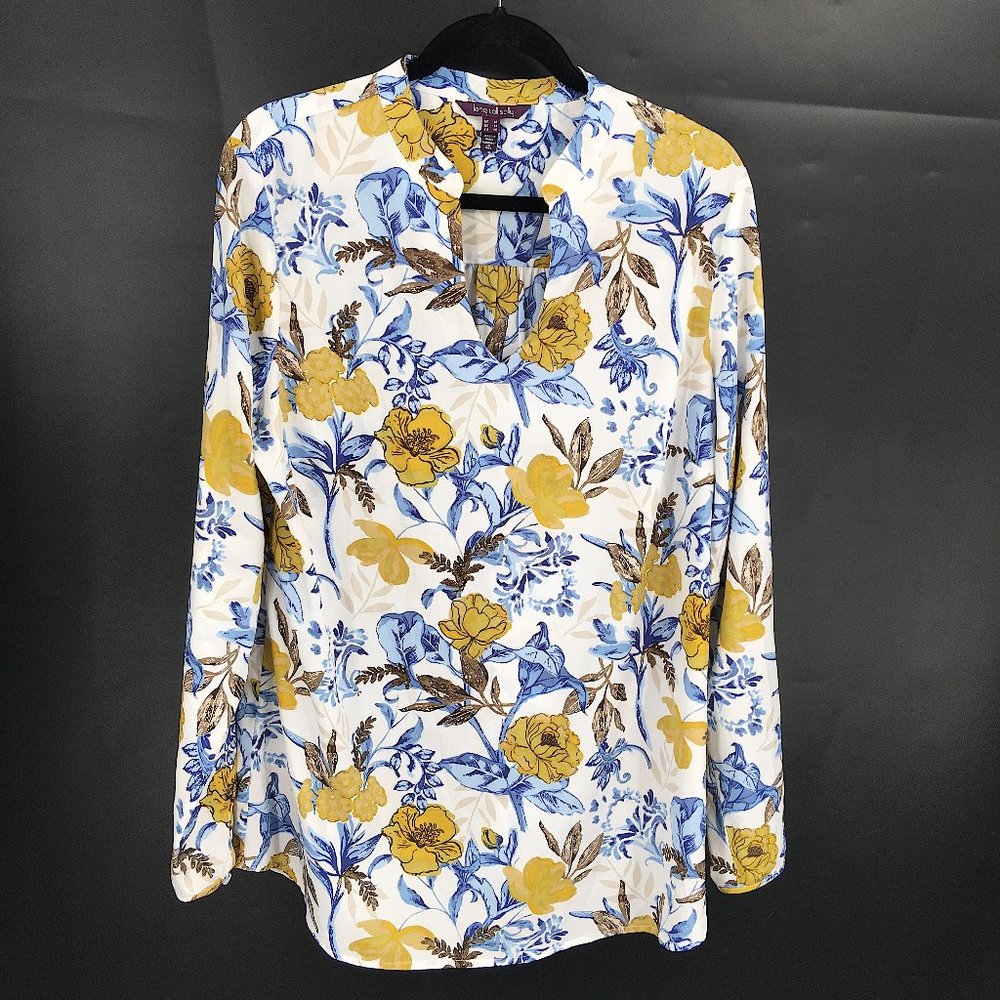 LONG TALL SALLY Long-Sleeve V-Neck White mustard Blue Fall autumn Floral 14T 14